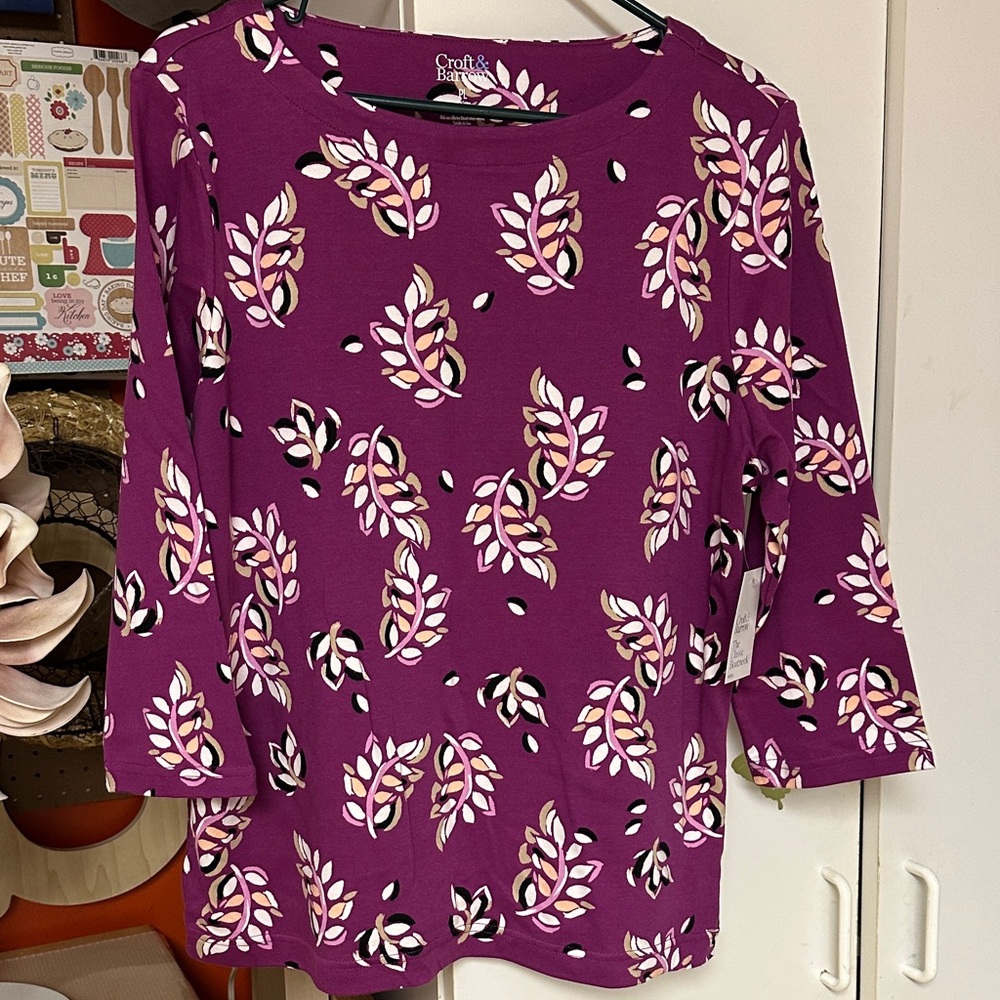New 🆕 croft & barrow Purple Floral Leaf-Print 3/4 Sleeve Tee